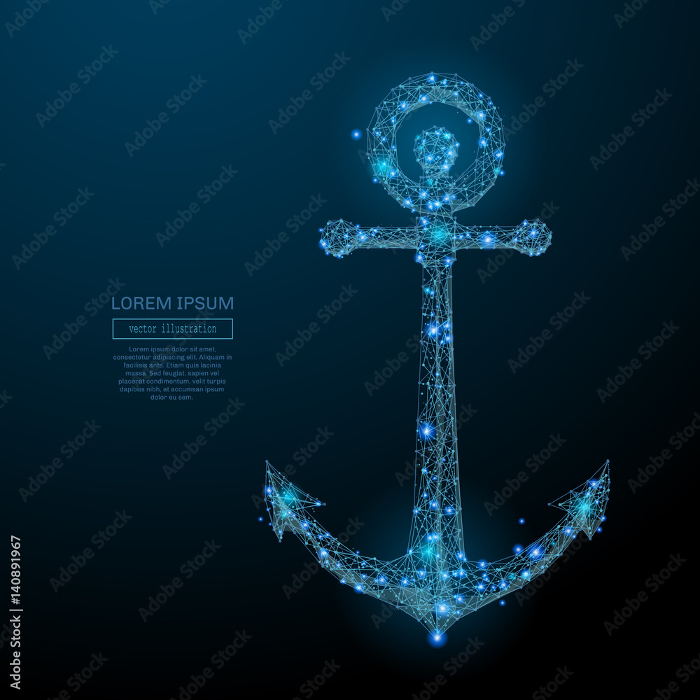 Poster Abstract image of a anchor in the form of a starry sky or space, consisting of points, lines, and shapes in the form of planets, stars and the universe. Vector business wireframe concept.