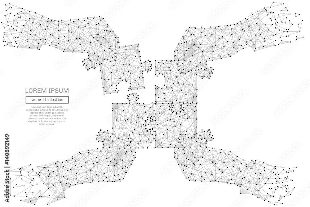 Poster Abstract mash line and point hands collect puzzle on background with an inscription. Teamwork concept. Starry sky or space, consisting of stars and the universe. Vector business illustration