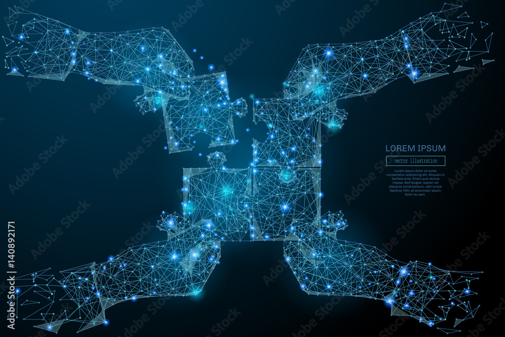 Poster Abstract image of a hands collect puzzle in the form of a starry sky or space, consisting of points, lines, and shapes, stars and the universe. Teamwork concept. Vector business wireframe concept.