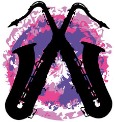 crossed saxophones on a colorful splotch