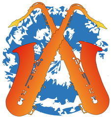 crossed saxophones on a colorful splotch