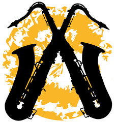 crossed saxophones on a colorful splotch