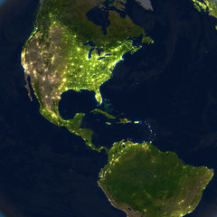 Americas at night on planet Earth