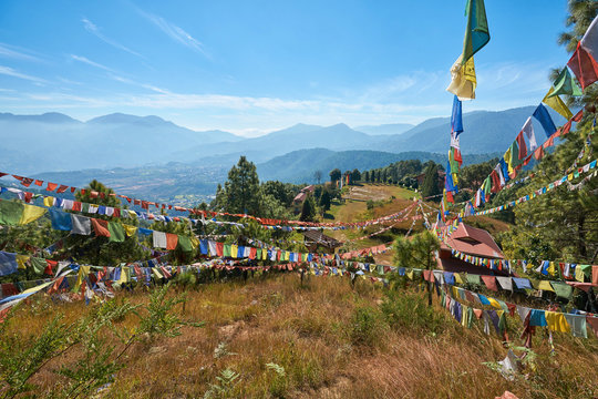 Tibetan prayer flags on the mountains in Nepal
