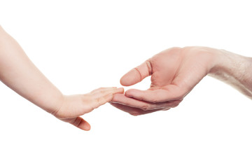 Helping Hands. Baby and Parents Hands Isolated. Small Baby Holding Father Fingers