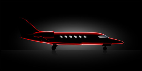 Realistic private jet business class aircraft in the dark hangar