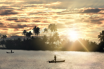sunrise at backwaters landscape with saying coconut trees and traditional fishermen boats in Alleppey, Kerala, India
