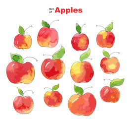 Hand drawn illustration doodle set of red apples with leaves and lettering Apple colored vector