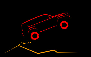 Simple silhouette of an SUV flies up on the mountain