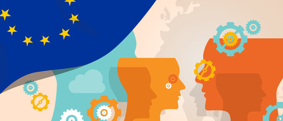 Europe concept of thinking growing innovation discuss country future brain storming under different view represented with heads gears and flag © bakhtiarzein