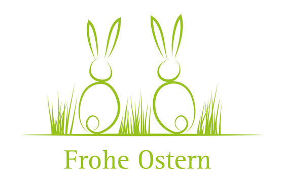 Frohe Ostern - Grußkarte mit zwei süßen Osterhasen im Ostergras, Silhouette