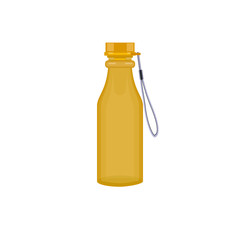 Plastic colorful bottle of water or other liquid with cap and cord. Sport bottle of water. Vector illustration.
