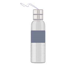 Transparent plastic bottle for water or other liquid with a metall cap and cord. Sport bottle of water. Vector illustration.