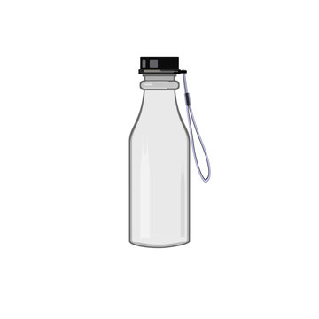 Plastic colorful bottle of water or other liquid with cap and cord. Sport bottle of water. Vector illustration.
