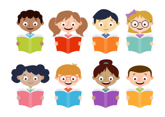 Boys and girls reading books. Isolated characters set. Vector illustration.
