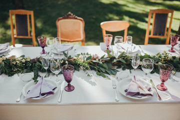 Festive table served dishes and decorated with branches of greenery, stands on green grass in the area of wedding party