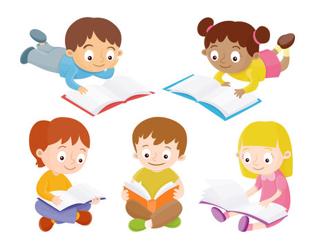 Kids reading books. Isolated characters set. Vector illustration.
