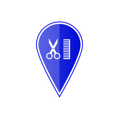 Blue map pointer with scissors and comb. Vector illustration