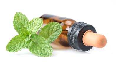 fresh mint essential oil on a white background