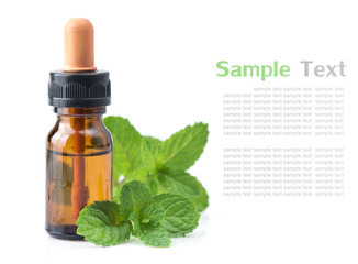 fresh mint essential oil on a white background