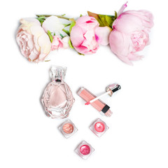 Perfume bottle, lipsticks. Fashion woman still life. Pop female things on white background.