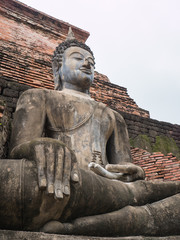 Ruin ancient Buddhist temple, Wat Mahathat Sukhothai, landmark in Thailand