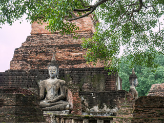 Ruin ancient Buddhist temple, Wat Mahathat Sukhothai, landmark in Thailand