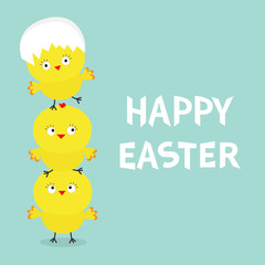 Chicken pyramid family set. Egg shell on head. Happy Easter. Cute cartoon funny character. Three baby chick bird friends. Greeting card. Blue background. Flat design.
