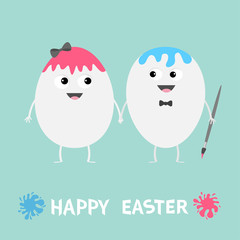 Happy Easter Egg couple family looking on each other. Paint and brush. Smiling face. Cute cartoon character set holding hands. Boy and girl Friends forever Greeting card Flat design Blue background.