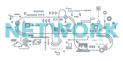 Vector creative illustration of network word lettering typography with line icons on white background.