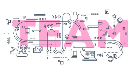 Fototapeta premium Vector creative illustration of team word lettering typography with line icons on white background.