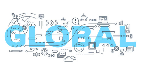 Vector creative illustration of global word lettering typography with line icons on white background.