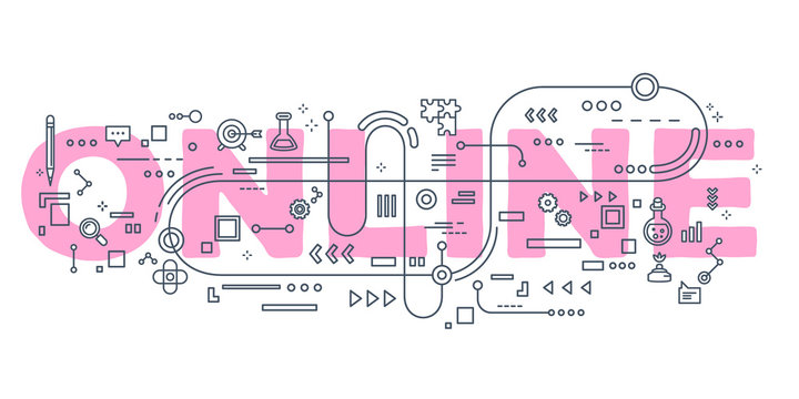 Vector creative illustration of online word lettering typography with line icons on white background.