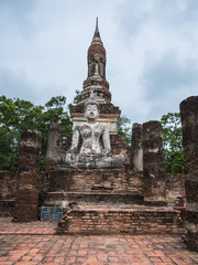 Ruin ancient Buddhist temple, Wat Mahathat Sukhothai, landmark in Thailand