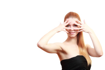 Fototapeta premium Joy girl. Close up portrait. Female young blonde model. Blue eyes. Studio white isolated.