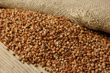 buckwheat groats on a wooden table