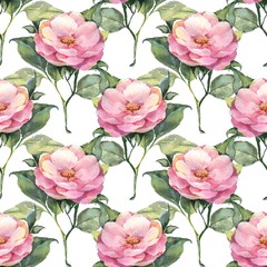 Seamless pattern with pink watercolor flowers