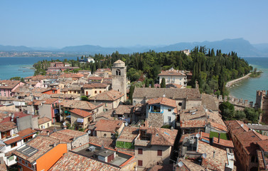 View of the city of Sirmione from the observation beck of the ancient fortress.Italy