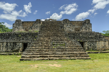 
big staircase of a temple in ruins in the Mayan archaeological enclosure of Ek Balam in yucatan, Mexico.