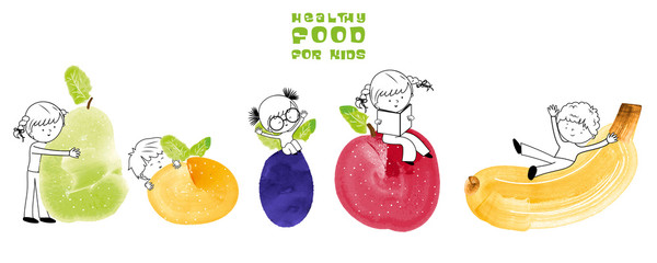 Healthy food for kids - Fun and happy children playing with colorful fruits created with watercolor brushes for web banner illustration