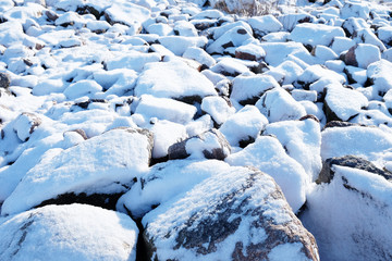 snow-covered rocks on the shore