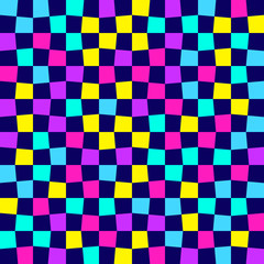 Unequal multicolor checks, abstract colorful checkered background. Vector illustration. Seamless vector pattern. Opt Art. Bright neon colors on dark black background. 