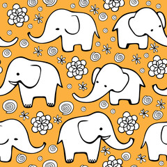 Cute hand drawn elephants. Monochrome Vector seamless pattern.