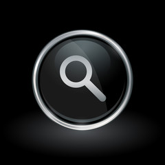 Search symbol with magnifying glass icon inside round chrome silver and black button emblem on black background. Vector illustration.