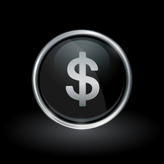 American currency symbol with Dollar icon inside round chrome silver and black button emblem on black background. Vector illustration.