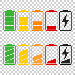 Battery icon vector set on isolated background. Symbols of battery charge level, full and low. The degree of battery power flat vector illustration.