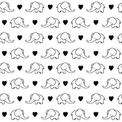 Cute hand drawn elephants. Monochrome Vector seamless pattern.