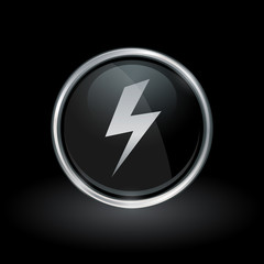 Electric strike symbol with bolt flash icon inside round chrome silver and black button emblem on black background. Vector illustration.