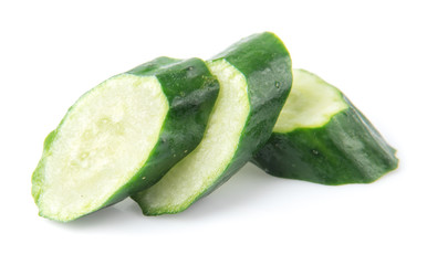 Cucumber and slices isolated over white background.