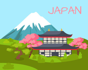 Japan View on Asian Building and Flowering Sakura